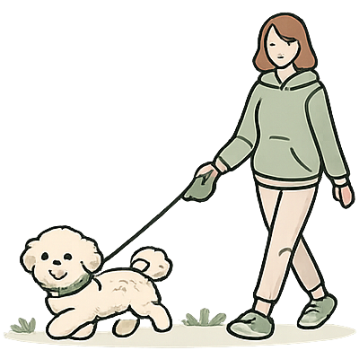 Illustration einer Frau beim Spaziergang mit kleinem Hund an der Leine