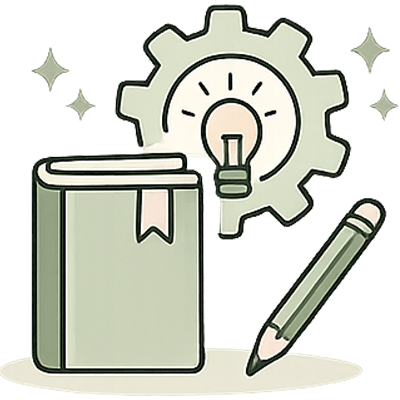 Illustration von Buch, Zahnrad und Stift als Symbol für Weiterbildung und Lernen
